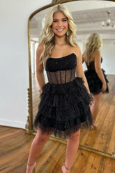 Black Homecoming Dress Corset Tiered A-Line Tulle Short Prom Dress